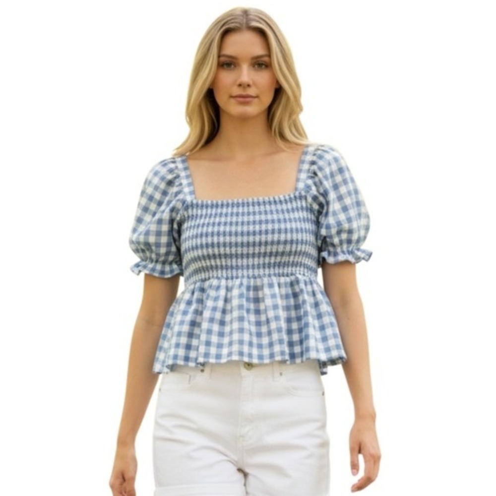 Dizzy Lizzy Smocked Short‎ Sleeve Top, Square Neckline, Blue & White, Junior XL